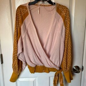 Free People light, pink and gold sweater, crisscross tie at waist size M